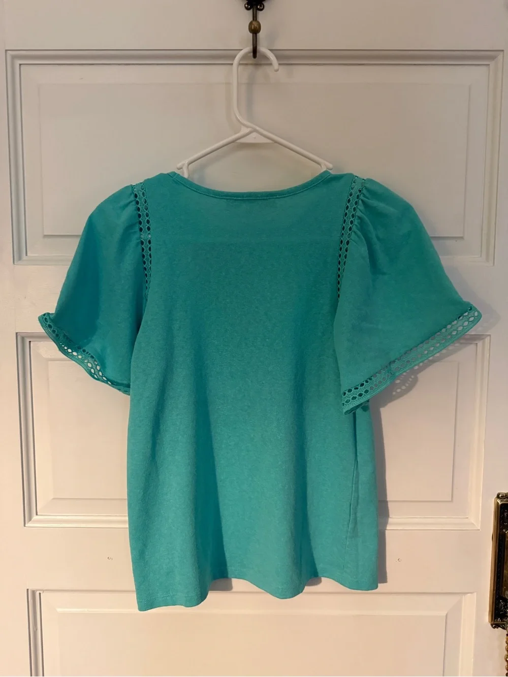 LOFT Teal Puff-Sleeve Eyelet Knit Top